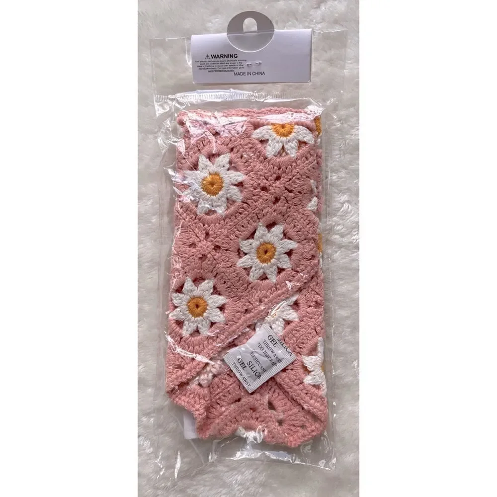 Crochet Triangle Flower Headscarf Bandana in Pink, White & Yellow